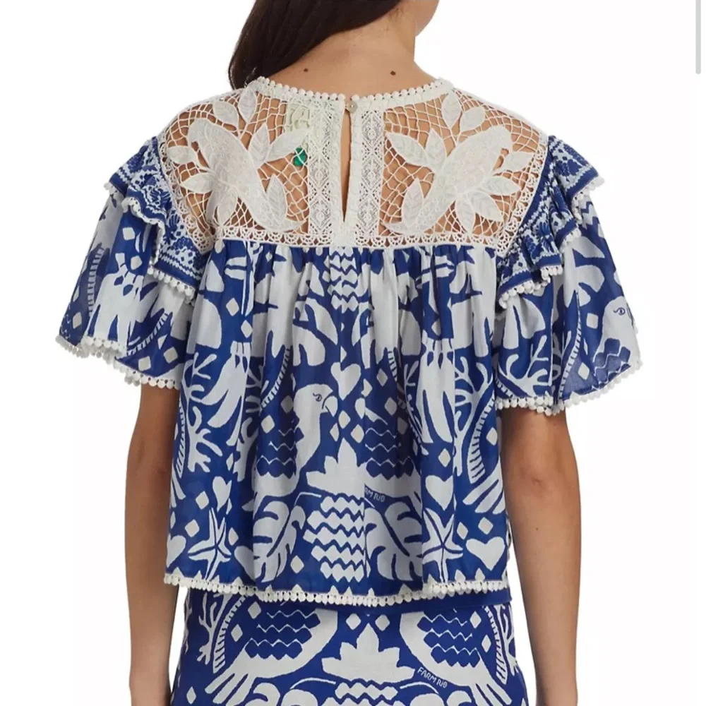 FARM RIO Navy Blue Jungle Scarf Lace Ruffle Sleeve Blouse - Picture 8 of 16